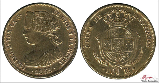 España - 1859 - Isabel II - Nº 00645 - MBC / VF - 100 Reales 1859 Barcelona 8,40 gr .oro