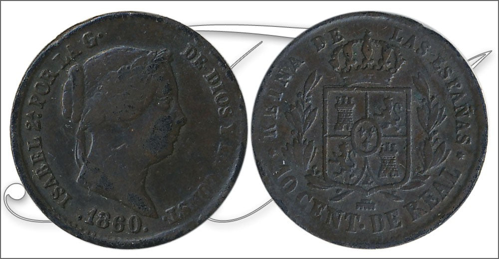 España - 1860 - Isabel II - Nº 00065 - Muy Buena conservación menos - MBC - / VF- - 10 Centimos de Real 1860 Segovia Cu