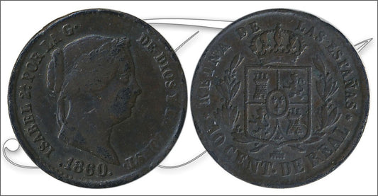 España - 1860 - Isabel II - Nº 00065 - Muy Buena conservación menos - MBC - / VF- - 10 Centimos de Real 1860 Segovia Cu