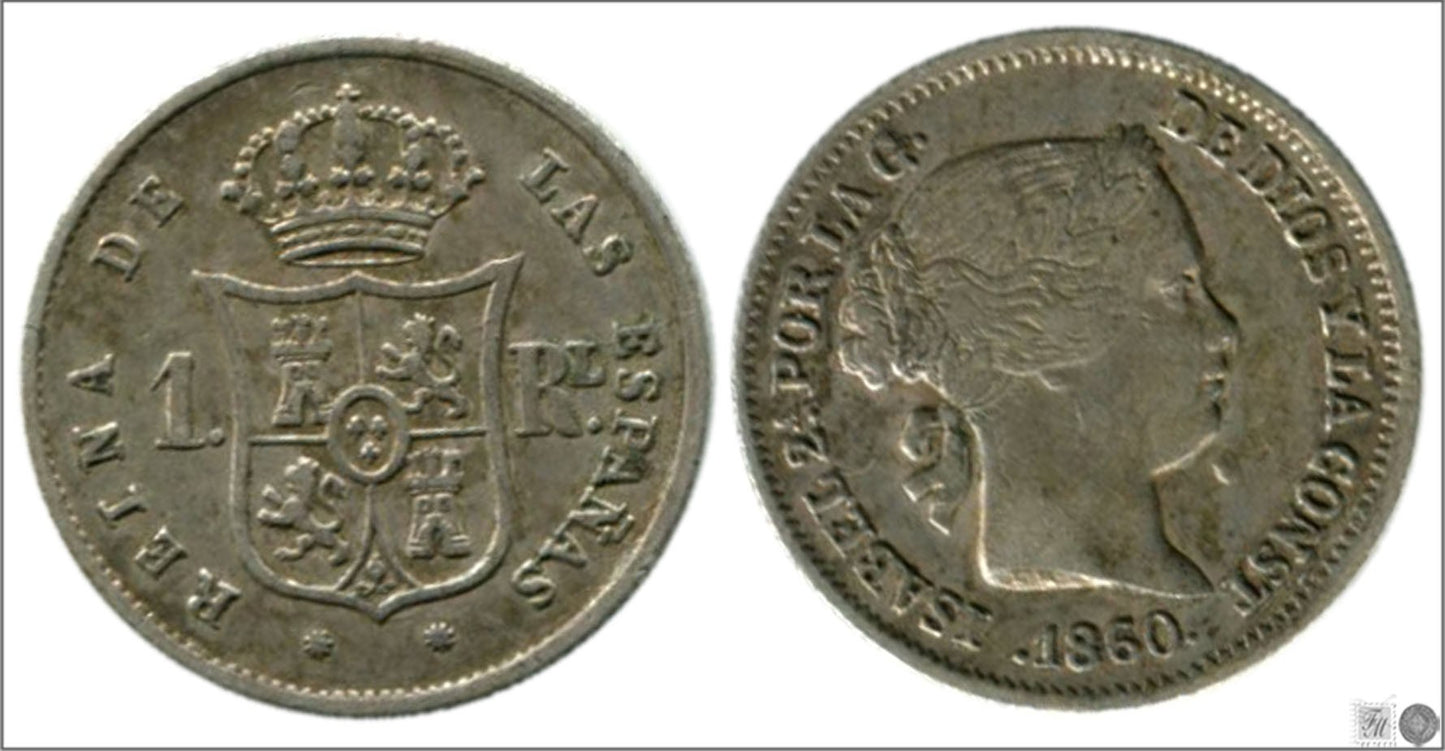 España - 1860 - Isabel II - Nº 00265 - Muy Buena conservación mas - MBC+ / VF+ - 1 Real 1860 Barcelona Ag