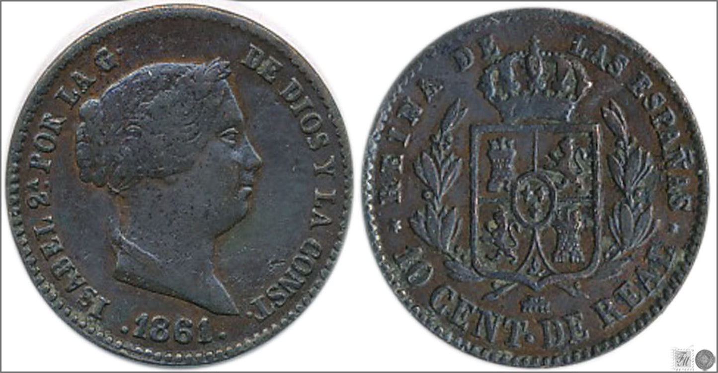 España - 1861 - Isabel II - Nº 00066 - MBC - / VF- - 10 Centimos de Real 1861 Segovia Cu