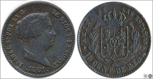 España - 1861 - Isabel II - Nº 00066 - MBC - / VF- - 10 Centimos de Real 1861 Segovia Cu