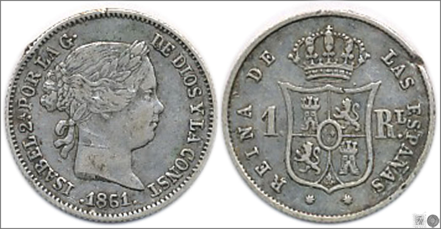 España - 1861 - Isabel II - Nº 00266 - Cara y Cruz - MBC- / BC - 1 Real 1861 Barcelona Ag