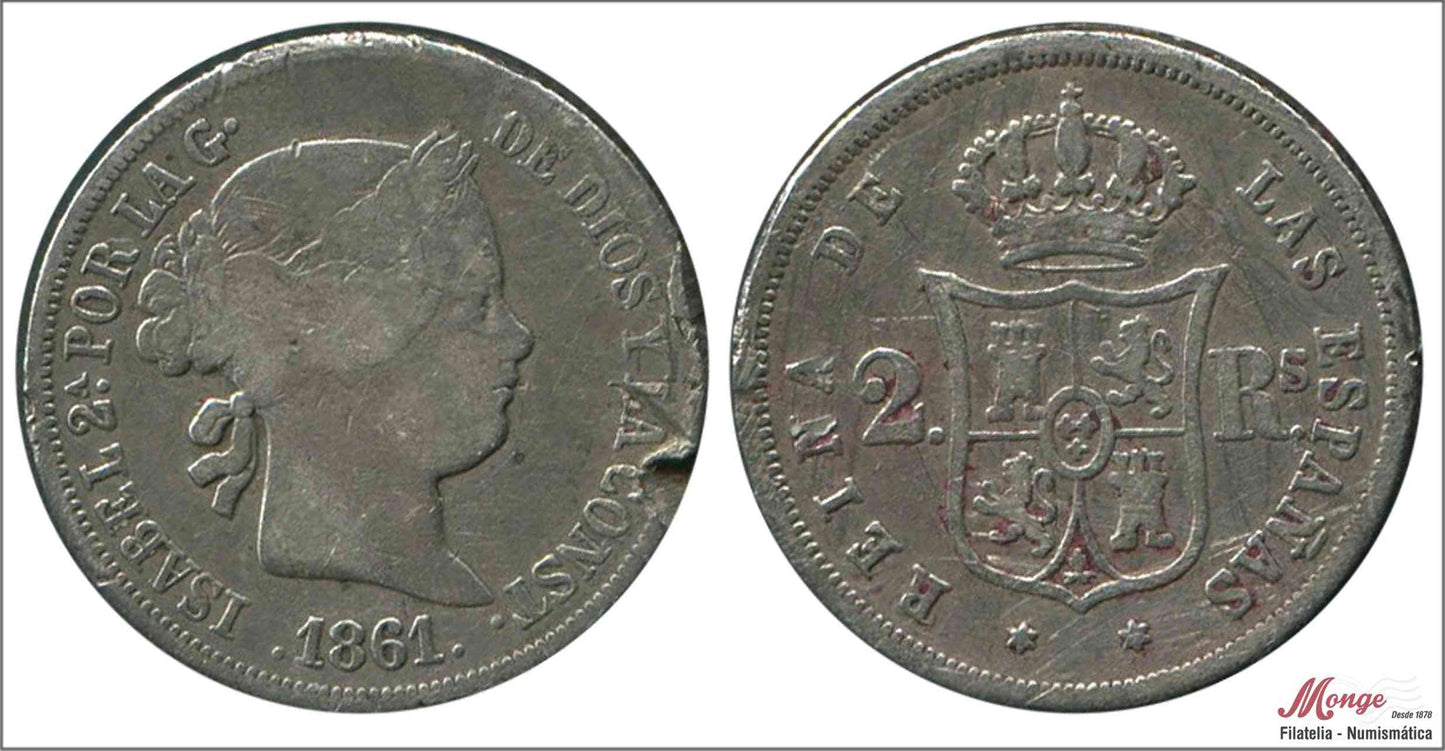 España - 1861 - Isabel II - Nº 00327 - MBC- / MBC - 2 Reales 1861 Madrid Ag / Defectos en canto