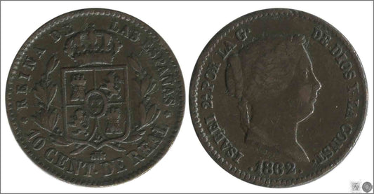 España - 1862 - Isabel II - Nº 00067 - Muy Buena conservación - MBC / VF - 10 Centimos de Real 1862 Segovia Cu