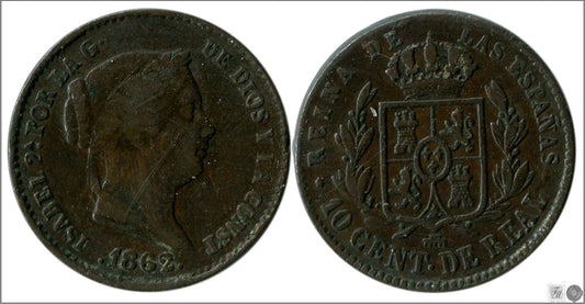 España - 1862 - Isabel II - Nº 00067 - Muy Buena conservación menos - MBC - / VF- - 10 Centimos de Real 1862 Segovia Cu