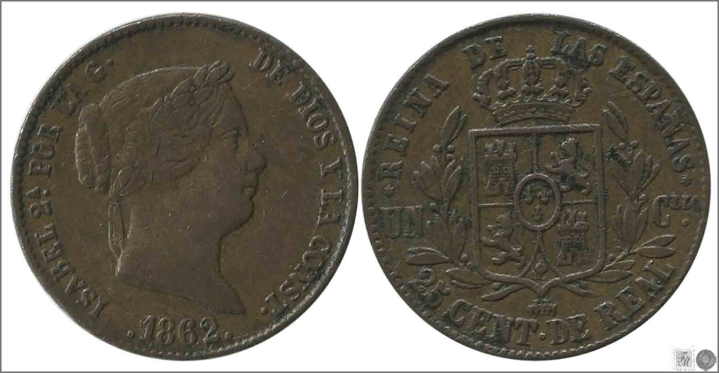 España - 1862 - Isabel II - Nº 00126 - Muy Buena conservación mas - MBC+ / VF+ - 25 Centimos de Real 1862 Segovia Cu