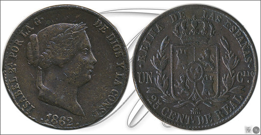 España - 1862 - Isabel II - Nº 00126 - Muy Buena conservación menos - MBC - / VF- - 25 Centimos de Real 1862 Segovia Cu