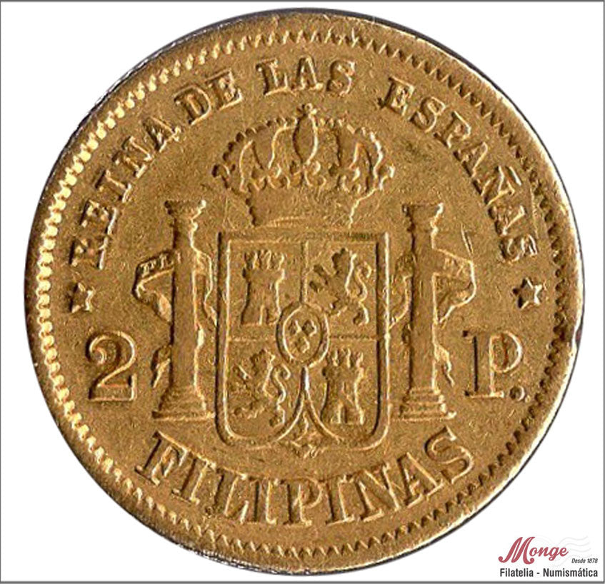 España - 1862 - Isabel II - Nº 00569 - MBC - / VF- - 2 Pesos 1862 Manila / 3,40 gr. oro defecto margen derecho