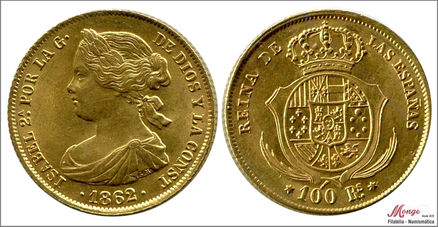 España - 1862 - Isabel II - Nº 00680 - EBC+ / XF+ - 100 Reales 1862 Sevilla / 8,40 gr. oro