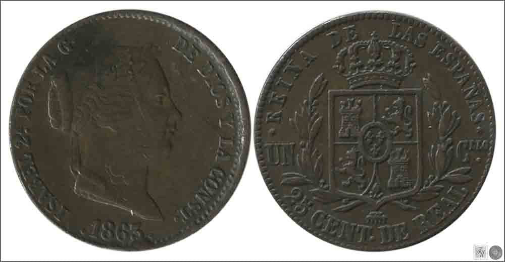 España - 1863 - Isabel II - Nº 00127 - Muy Buena conservación menos - MBC - / VF- - 25 Centimos de Real 1863 Segovia Cu / Ligera