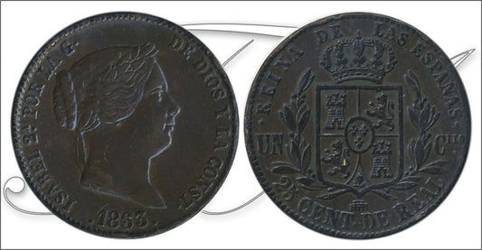 España - 1863 - Isabel II - Nº 00127 - Muy Buena conservación menos - MBC - / VF- - 25 Centimos de Real 1863 Segovia Cu