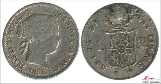 España - 1863 - Isabel II - Nº 00268 - BC / MBC - 1 Real 1863 Barcelona Ag - descolgada