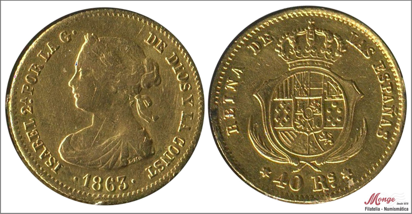 España - 1863 - Isabel II - Nº 00559 - MBC - / VF- - 40 Reales 1863 Madrid 3,35 gr. oro - descolgada