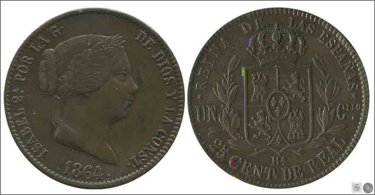 España - 1864 - Isabel II - Nº 00117 - Excelente conservacion menos - EBC- / XF- - 25 Centimos de Real 1864 Barcelona Cu / Preci