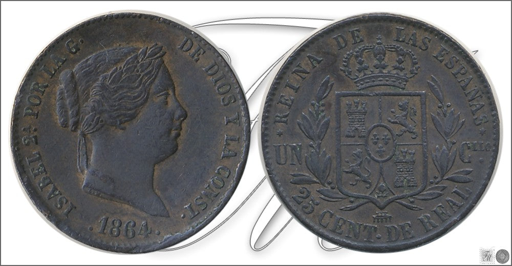 España - 1864 - Isabel II - Nº 00128 - Muy Buena conservación - MBC / VF - 25 Centimos de Real 1864 Segovia Cu