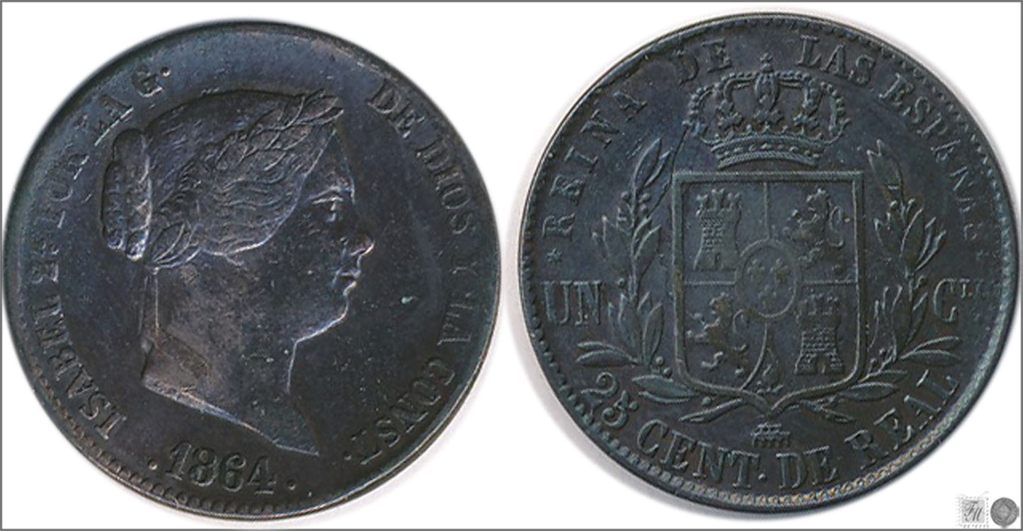 España - 1864 - Isabel II - Nº 00128 - Muy Buena conservación menos - MBC - / VF- - 25 Centimos de Real 1864 Segovia Cu