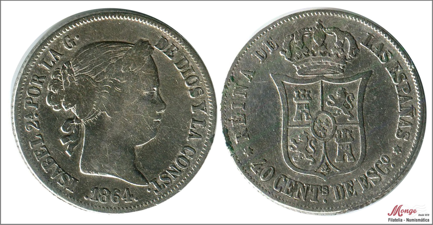 España - 1864 - Isabel II - Nº 00424 - BC+ / F+ - 40 Centimos 1864 Madrid Ag