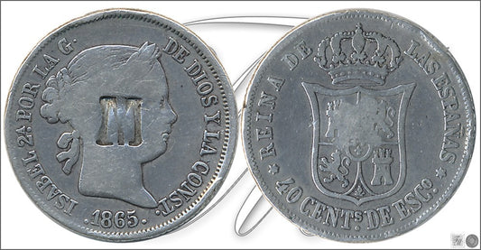 España - 1865 - Isabel II - Nº 00425 - Buena conservación - BC- / F- - 40 ct. 1865 Madrid Ag / Interesante Contramarca "M"