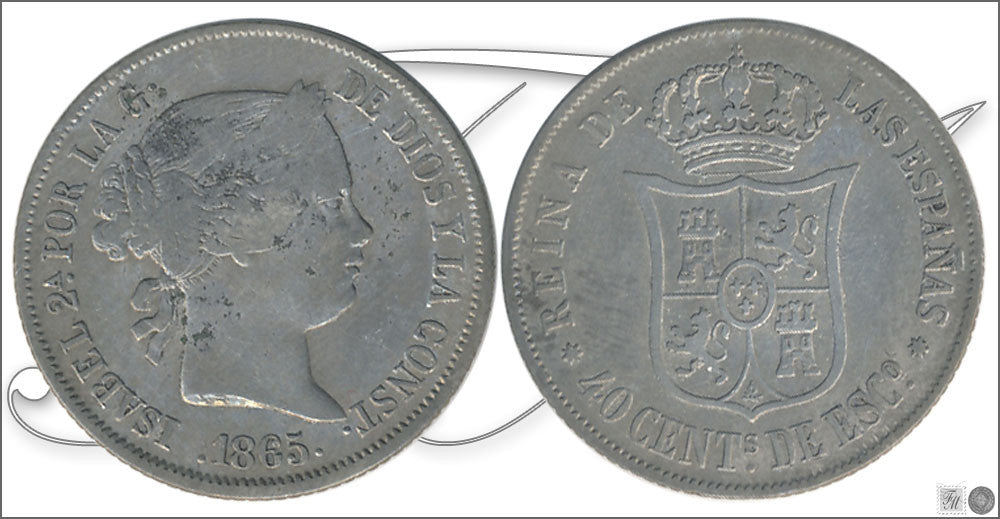 España - 1865 - Isabel II - Nº 00429 - MBC / VF - 40 ct. 1865 Sevilla Ag / Oxidaciones