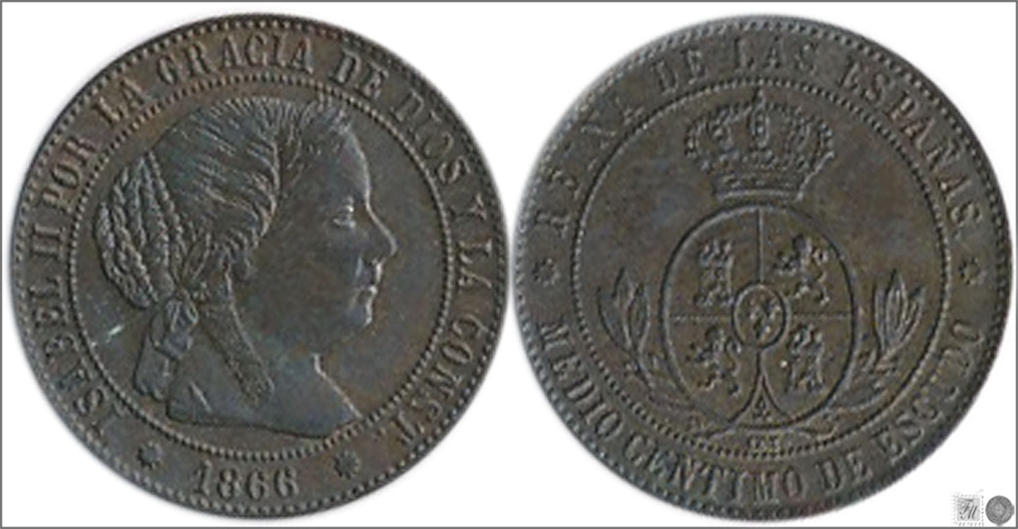 España - 1866 - Isabel II - Nº 00018 - Excelente conservacion mas - EBC+ / XF+ - 1/2 Centimo 1866 OM Barcelona Cu