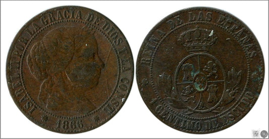 España - 1866 - Isabel II - Nº 00069a - Muy Buena conservación menos - MBC - / VF- - 1 Centimo 1866 Barcelona Cu