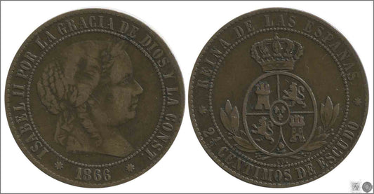 España - 1866 - Isabel II - Nº 00130 - MBC / VF - 2 1/2 Centimos 1866 Barcelona OM Cu