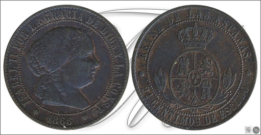 España - 1866 - Isabel II - Nº 00130 - Muy Buena conservación mas - MBC+ / VF+ - 2 1/2 Centimos 1866 Barcelona OM Cu