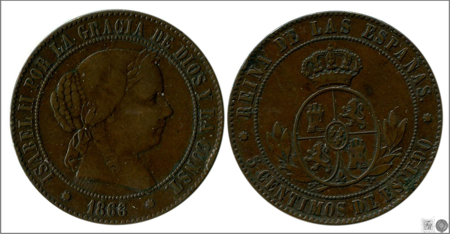 España - 1866 - Isabel II - Nº 00220 - MBC / VF - 5 Centimos 1866 Barcelona Cu