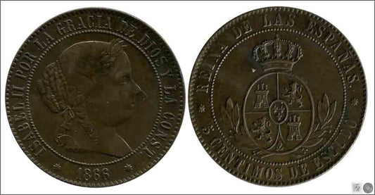 España - 1866 - Isabel II - Nº 00220 - Muy Buena conservación mas - MBC+ / VF+ - 5 Centimos 1866 Barcelona Cu