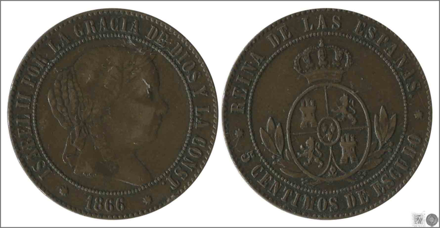 España - 1866 - Isabel II - Nº 00220 - Muy Buena conservación - MBC / VF - 5 Centimos 1866 Barcelona Cu