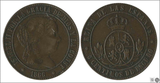 España - 1866 - Isabel II - Nº 00220 - Muy Buena conservación - MBC / VF - 5 Centimos 1866 Barcelona Cu