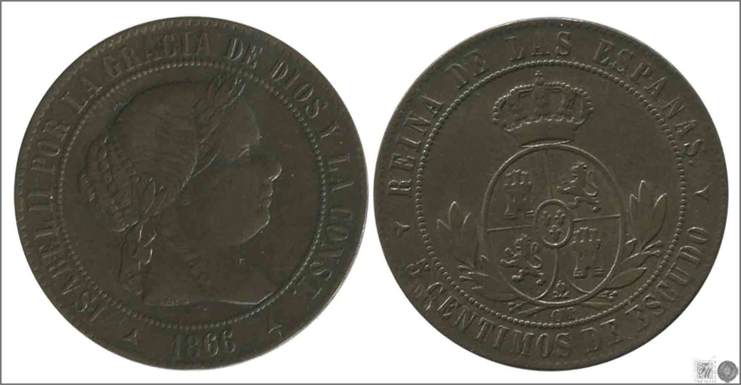 España - 1866 - Isabel II - Nº 00228 - Muy Buena conservación mas - MBC+ / VF+ - 5 Centimos 1866 Segovia OM Cu