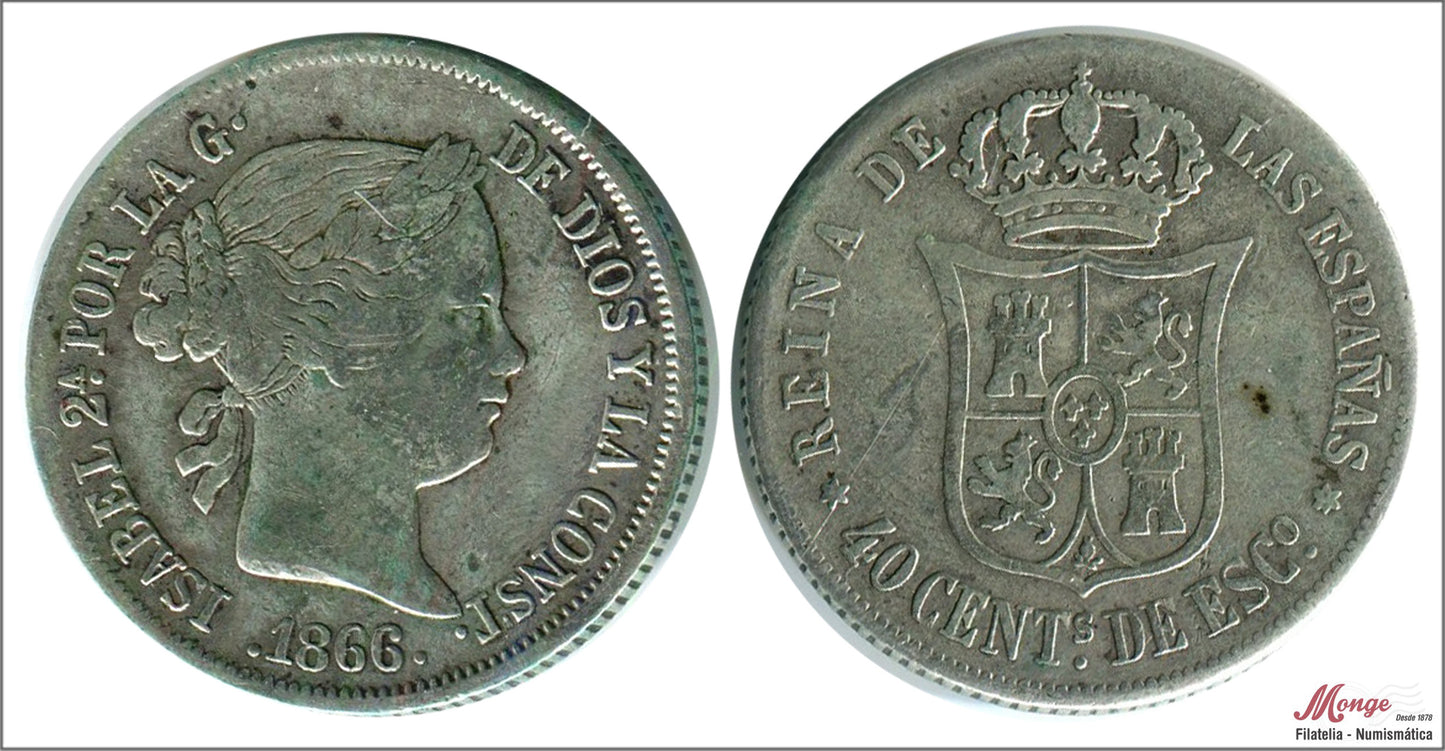 España - 1866 - Isabel II - Nº 00426 - MBC- / BC - 40 centimos 1866 Madrid Ag