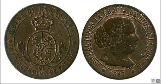 España - 1867 - Isabel II - Nº 00019 - EBC / XF - 1/2 Centimo 1867 OM Barcelona Cu