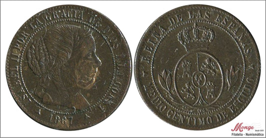 España - 1867 - Isabel II - Nº 00022 - MBC / VF - 1/2 Centimo 1867 OM Jubia Cu