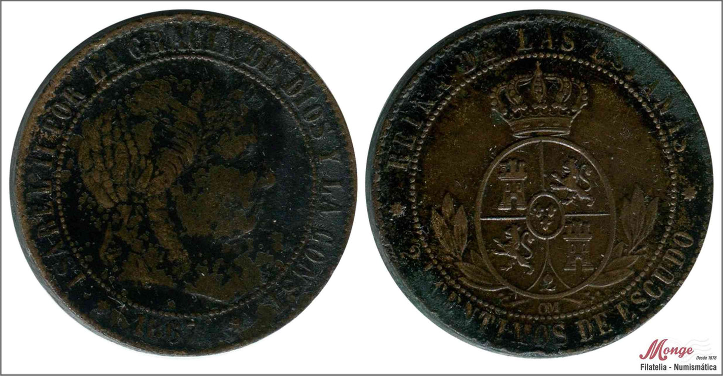 España - 1867 - Isabel II - Nº 00131 - BC+ / F+ - 2 1/2 Centimos 1867 Barcelona OM Cu