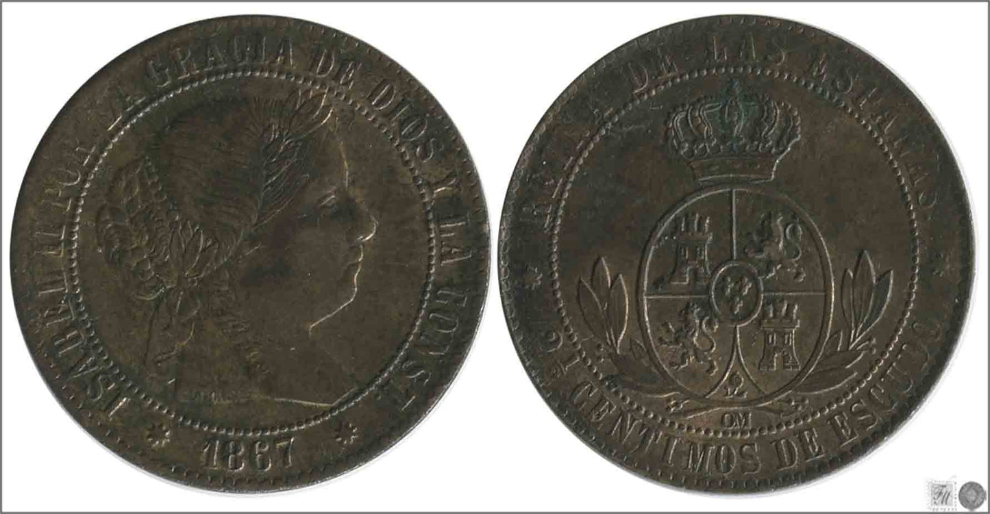 España - 1867 - Isabel II - Nº 00131 - Excelente conservacion menos - EBC- / XF- - 2 1/2 Centimos 1867 Barcelona OM Cu / Escudo