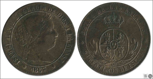 España - 1867 - Isabel II - Nº 00131 - Excelente conservacion menos - EBC- / XF- - 2 1/2 Centimos 1867 Barcelona OM Cu / Escudo