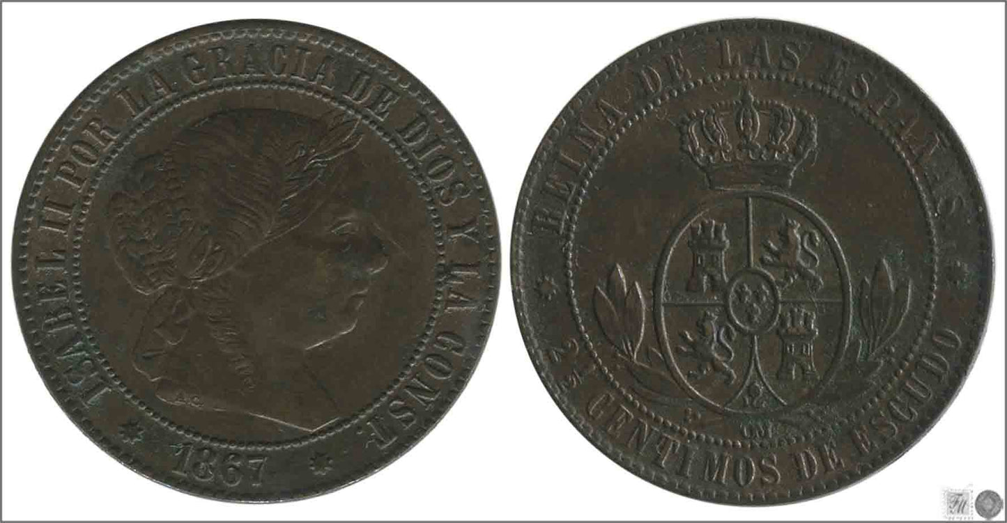 España - 1867 - Isabel II - Nº 00131 - Excelente conservacion menos - EBC- / XF- - 2 1/2 Centimos 1867 Barcelona OM