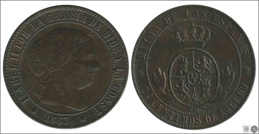 España - 1867 - Isabel II - Nº 00131 - Excelente conservacion menos - EBC- / XF- - 2 1/2 Centimos 1867 Barcelona OM