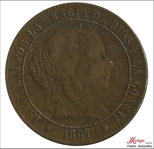 España - 1867 - Isabel II - Nº 00131 - MBC+ / VF+ - 2 1/2 Centimos 1867 Barcelona OM Cu