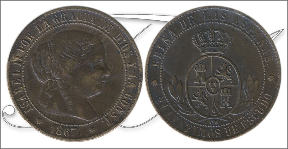 España - 1867 - Isabel II - Nº 00131 - Muy Buena conservación - MBC / VF - 2 1/2 Centimos 1867 Barcelona OM Cu