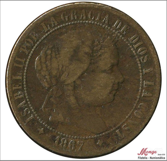 España - 1867 - Isabel II - Nº 00135 - BC / F - 2 1/2 Centimos 1867 Jubia OM Cu