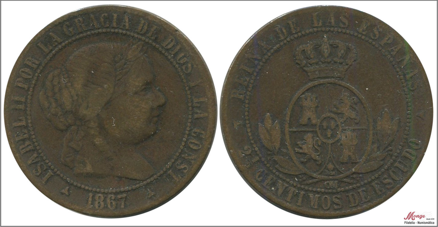 España - 1867 - Isabel II - Nº 00138 - MBC - / VF- - 2 1/2 Centimos 1867 Segovia OM Cu