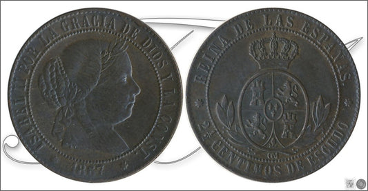 España - 1867 - Isabel II - Nº 00140 - Muy Buena conservación mas - MBC+ / VF+ - 2 1/2 Centimos 1867 OM Sevilla Cu