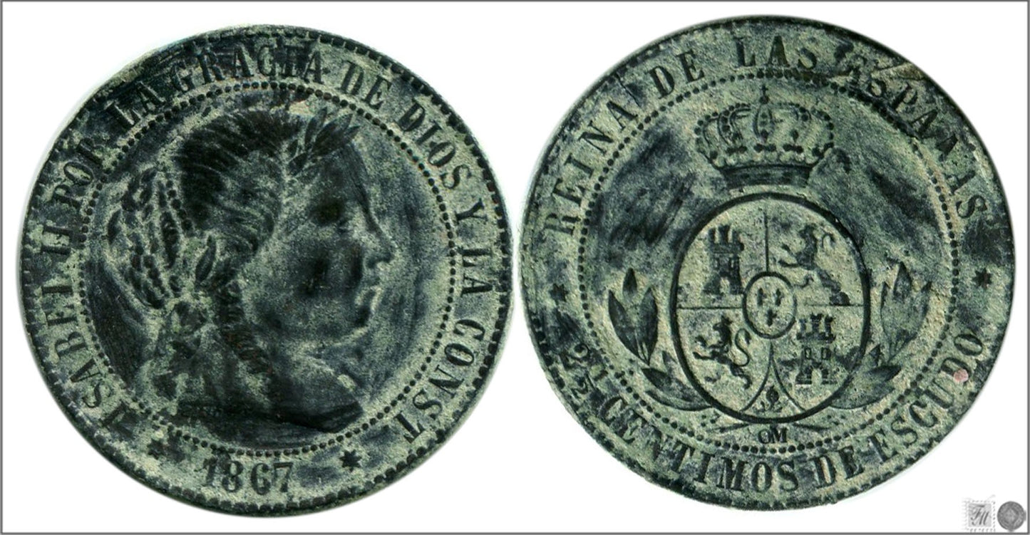 España - 1867 - Isabel II - Nº 00140 - Muy Buena conservación - MBC / VF - 2 1/2 Centimos 1867 OM Sevilla Cu