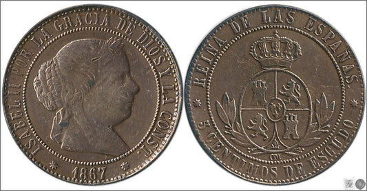 España - 1867 - Isabel II - Nº 00222 - Cara y Cruz - MBC- / MBC - 5 Centimos 1867 Barcelona OM Cu