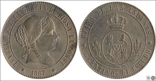 España - 1867 - Isabel II - Nº 00222 - EBC+ / XF+ - 5 Centimos 1867 OM Barcelona Cu