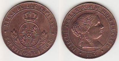 España - 1867 - Isabel II - Nº 00222 - Excelente conservacion - EBC / XF - 5 Centimos 1867 OM Barcelona Cu